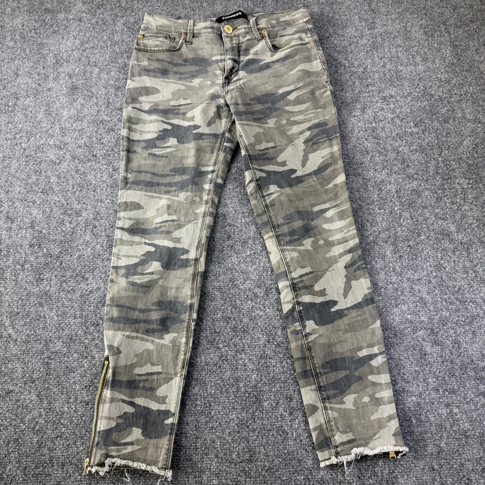 Express Ankle Legging Jeans Grey Camo Mid Rise Frayed Hem Zipper 4R Y2K